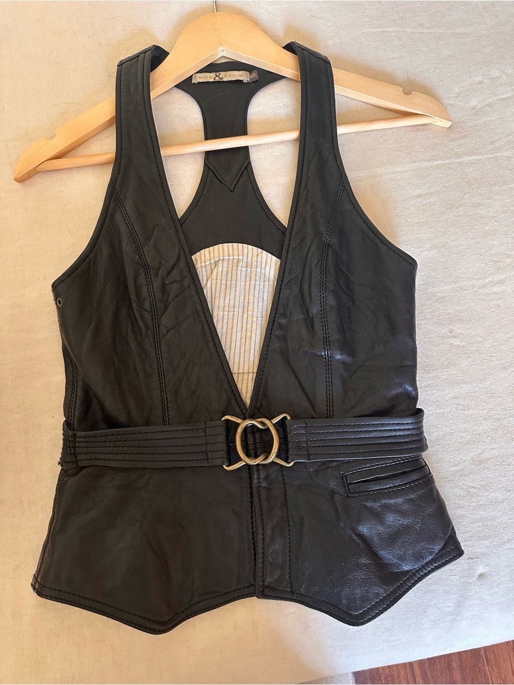 Vintage Mike & Chris Black Leather
Belted Racerback Vest XS Made in
USA Y2K